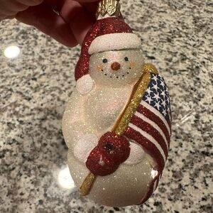 Patricia Breen Glittery Snowman with Flag Ornament